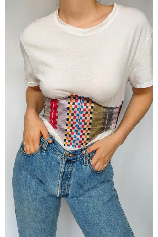 Patchwork silk corset belt