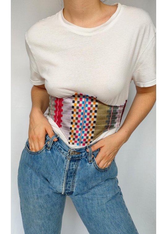 Ceinture corset patchwork en soie