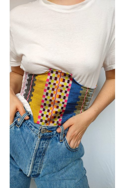 Patchwork silk corset belt