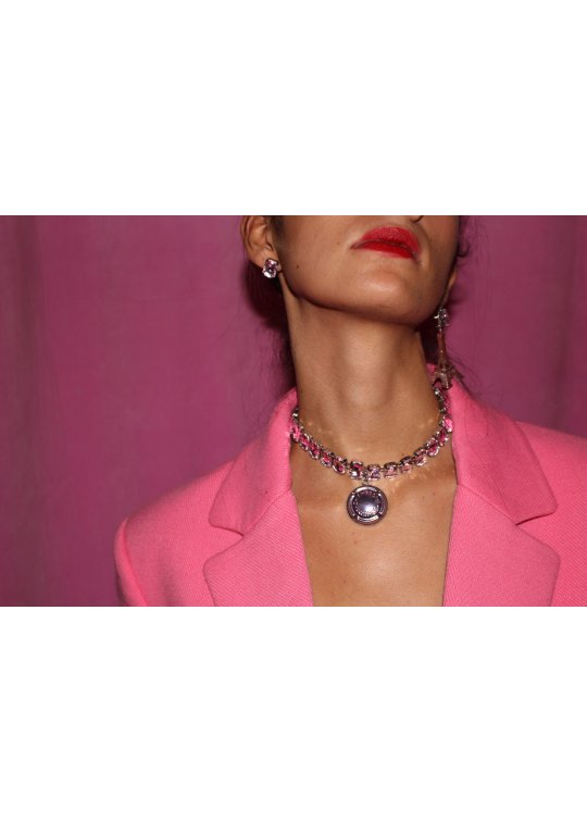 Pink crystal choker necklace -...
