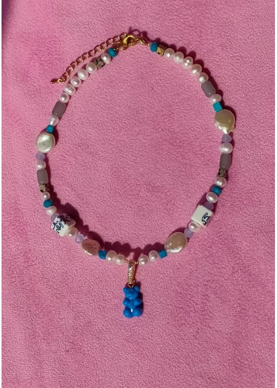 collier perles mixtes - Ourson pendentif