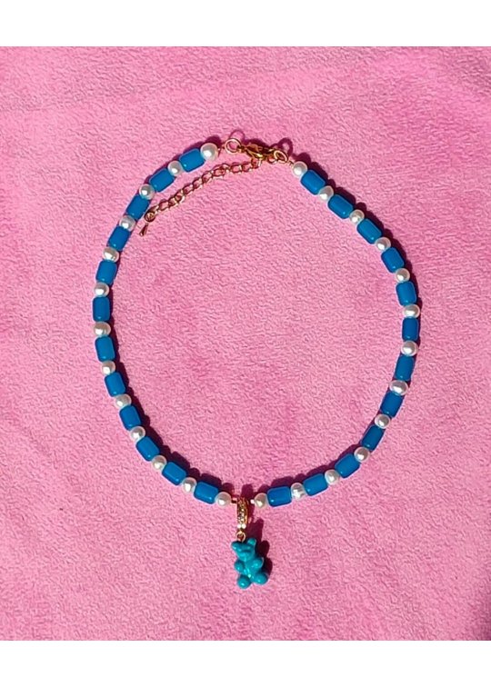 Collier perles bicolores - Ourson Bleu