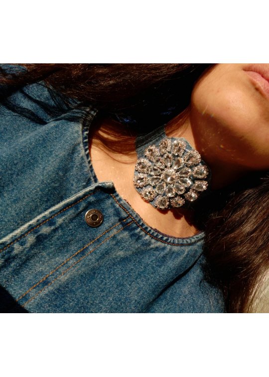 Choker Denim et fleur en crystal