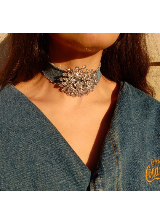 Choker denim necklace - crystal circle