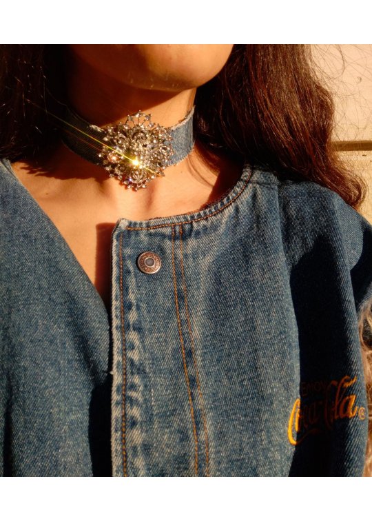 Choker denim necklace - Crystal oval