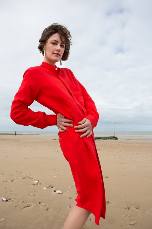 Robe chemise crêpe de soie Rouge Corail