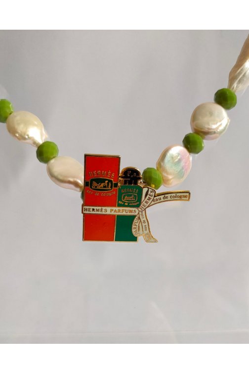 White and green necklace with upcycled Hermes pin