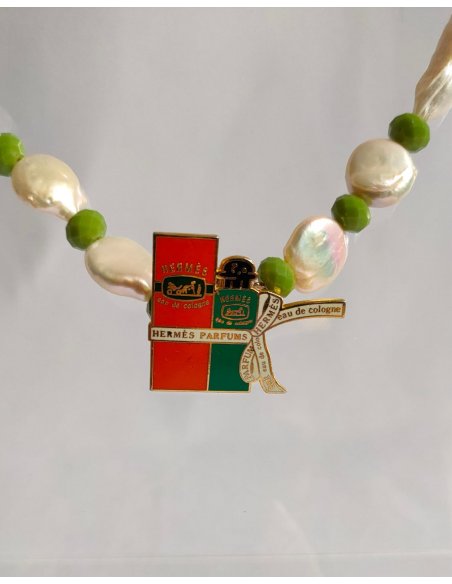 White and green necklace with upcycled Hermes pin