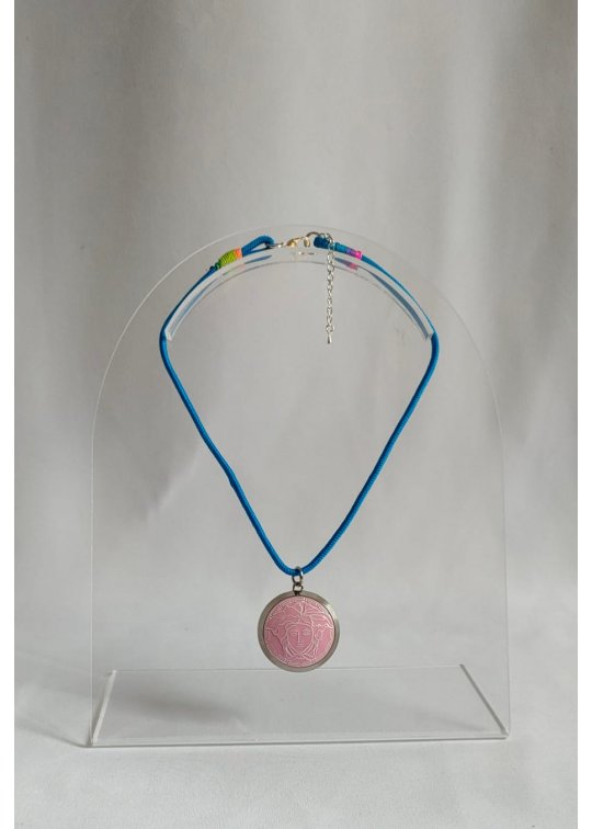 Blue necklace with upcycled pink...