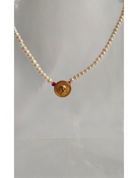 Freshwater pearls necklace with upcycled Versace button